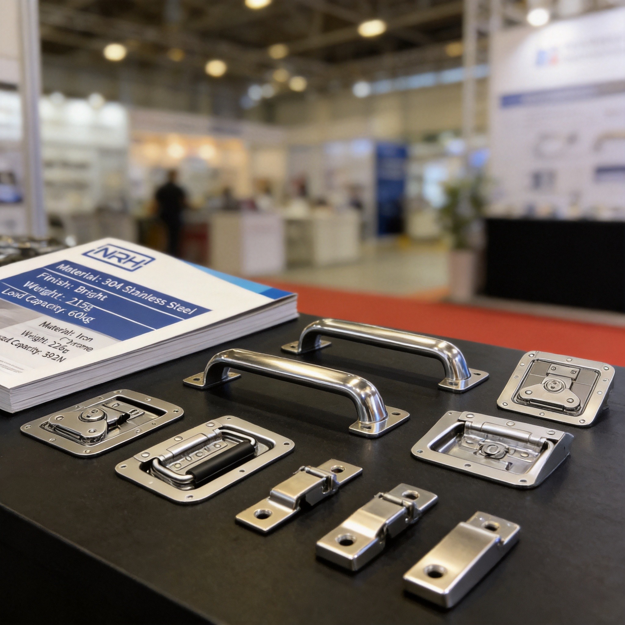 Close-up detail of NRH stainless steel latches and case hardware at FachPack