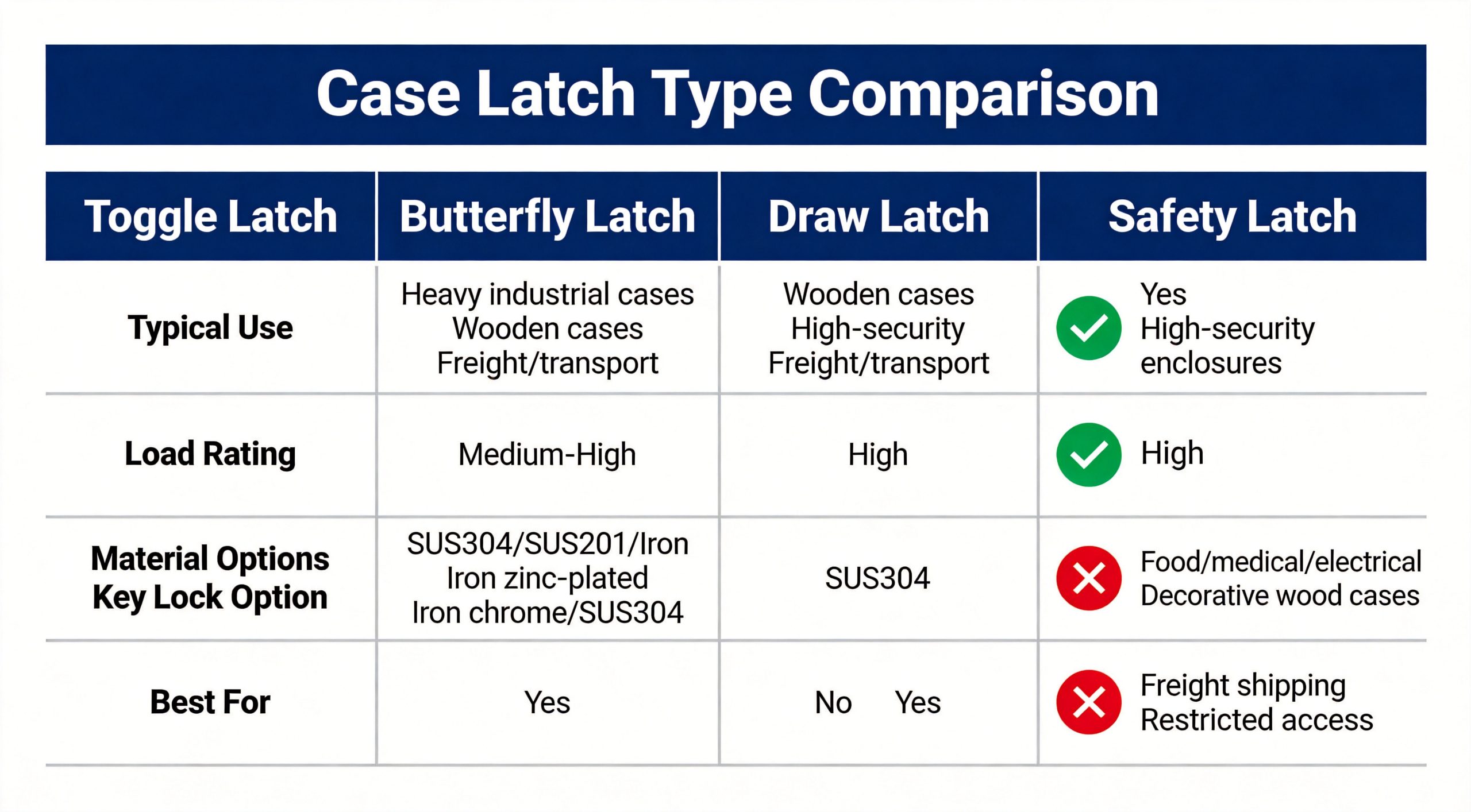 Comparison matrix of toggle butterfly draw and safety latch types for case hardware selection