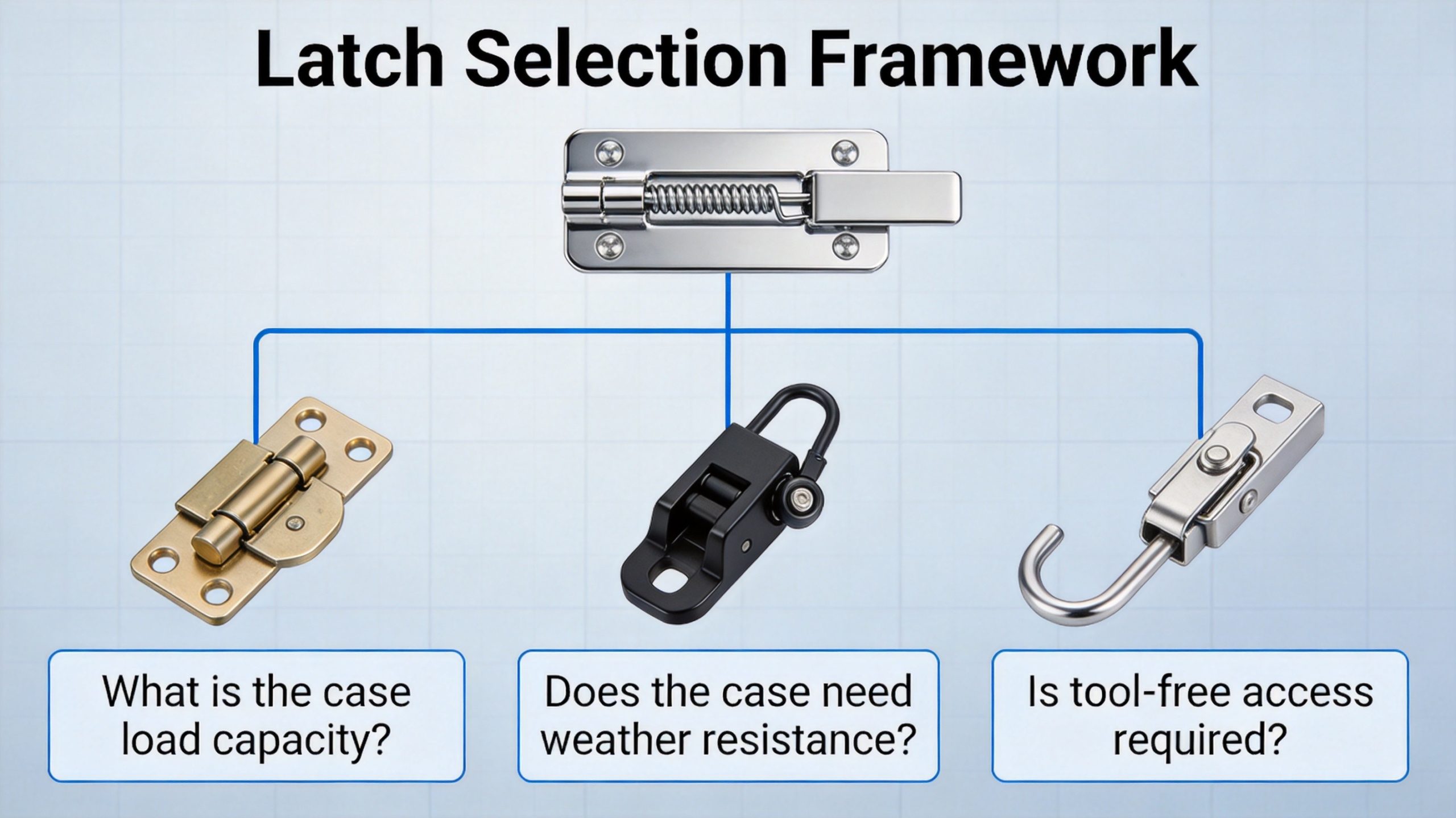 Latch selection decision framework for case hardware with decision tree and comparison charts