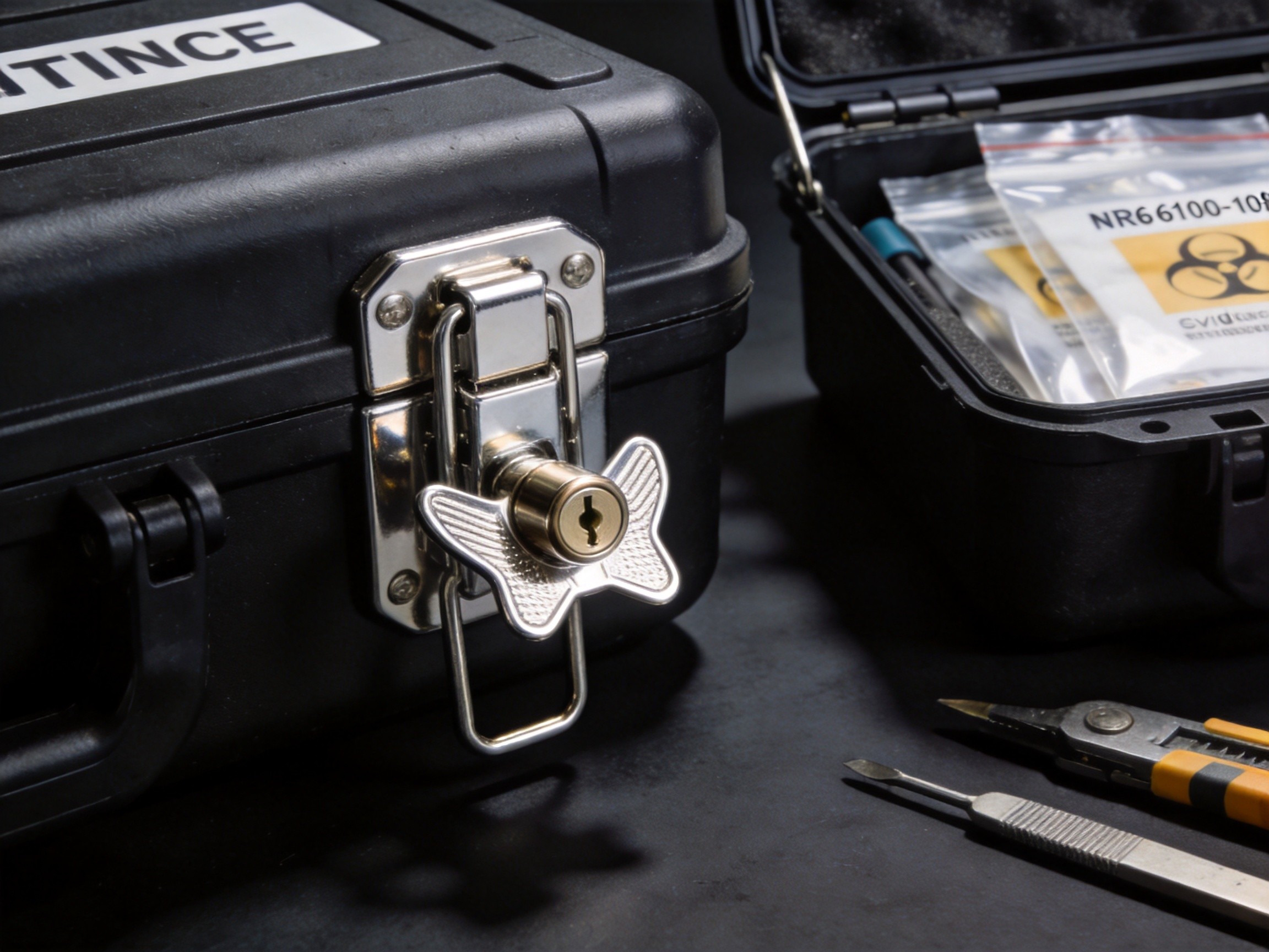 Tamper-resistant key-lock butterfly latch on black evidence storage case