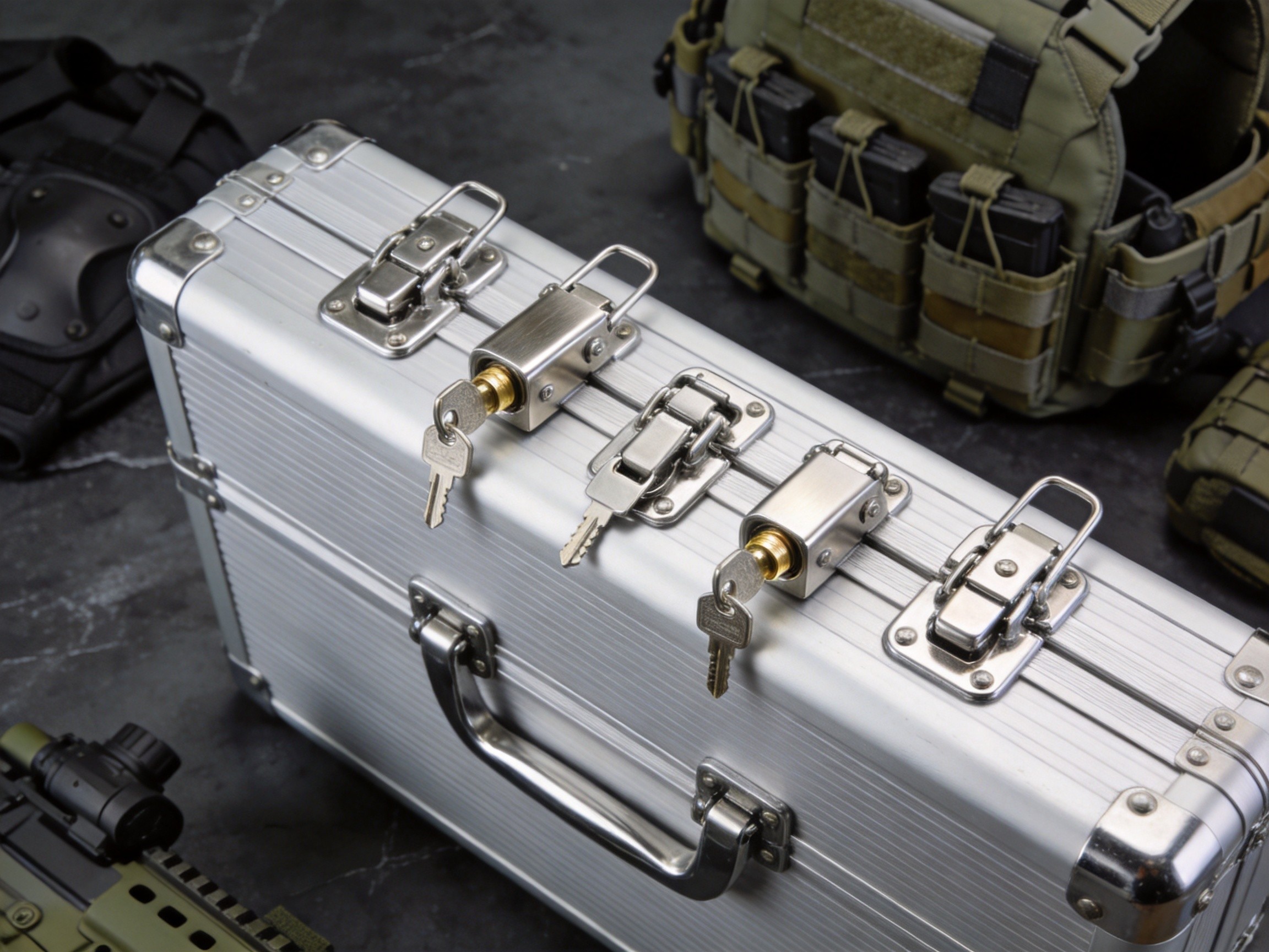 Stainless steel compression latches with key locks on tactical transport case