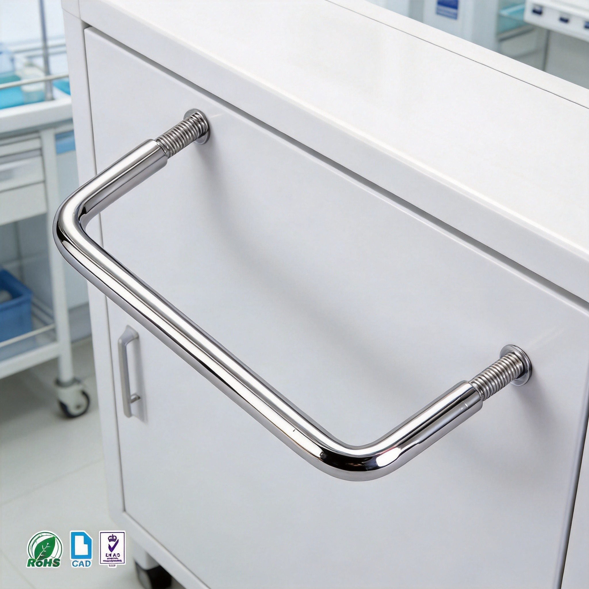 Mirror-polished SUS304 recessed handle and hinge on medical equipment enclosure