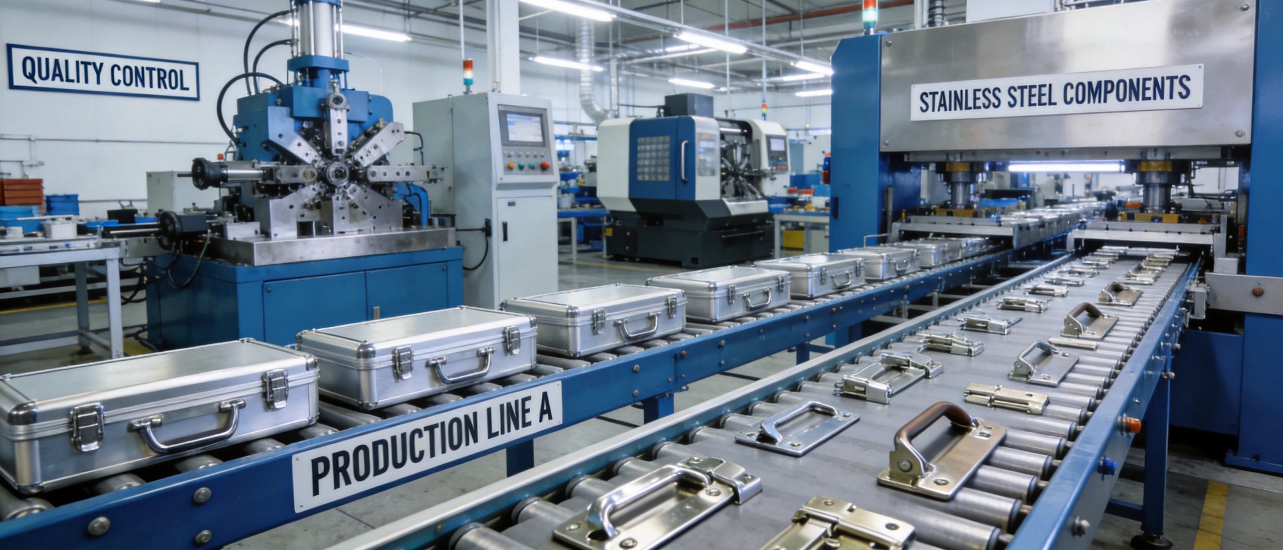 Modern stainless steel hardware manufacturing facility with precision stamping and die-casting equipment