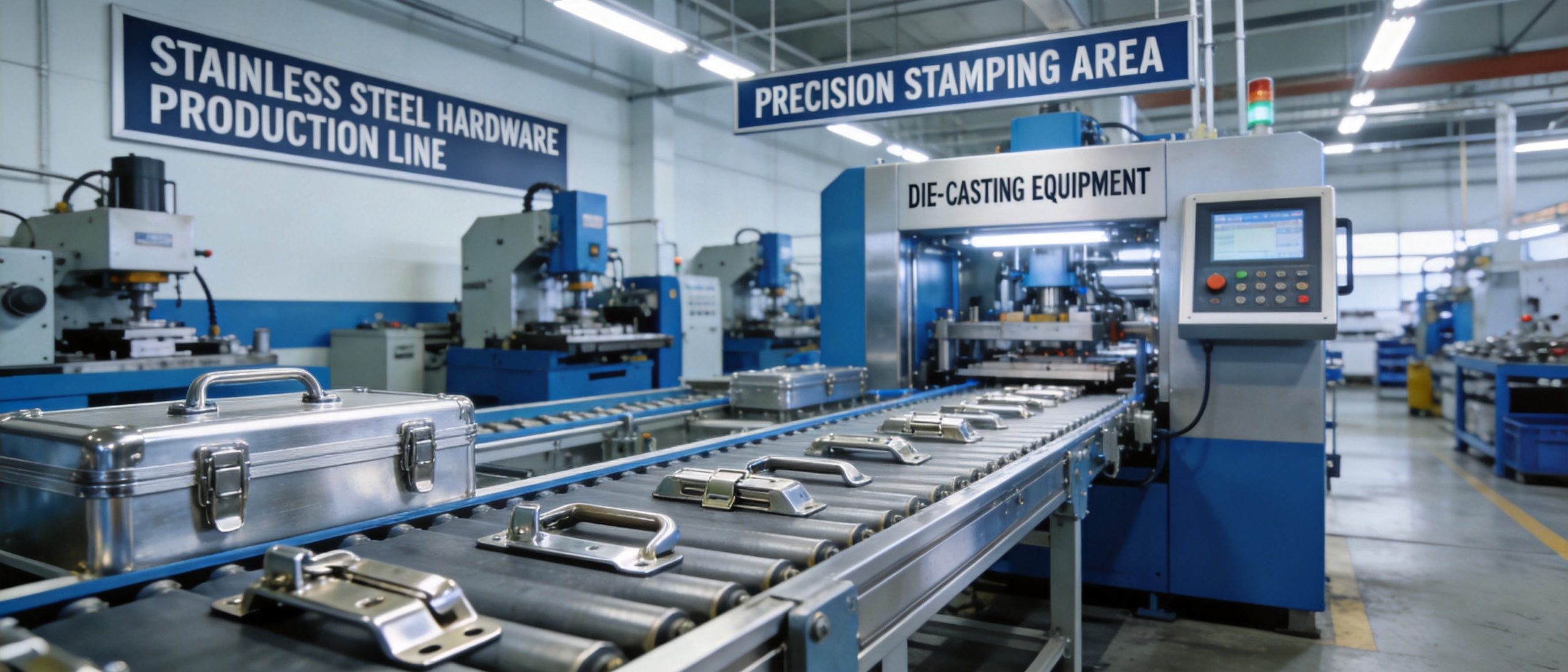 Organized display of stainless steel case hardware including latches handles hinges and corner pieces