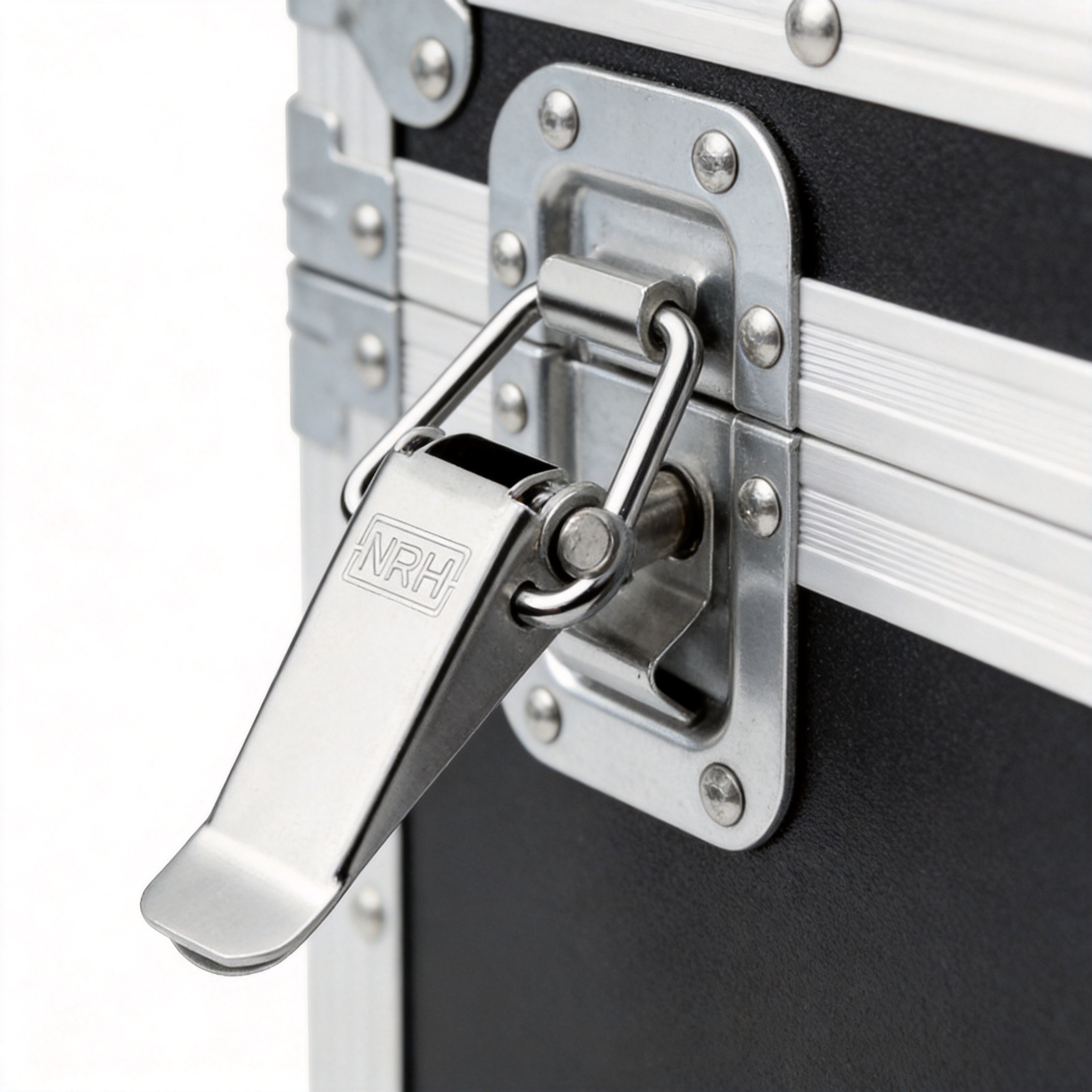 Stainless steel butterfly toggle latch mounted on aluminum flight case showing over-center linkage mechanism in locked position