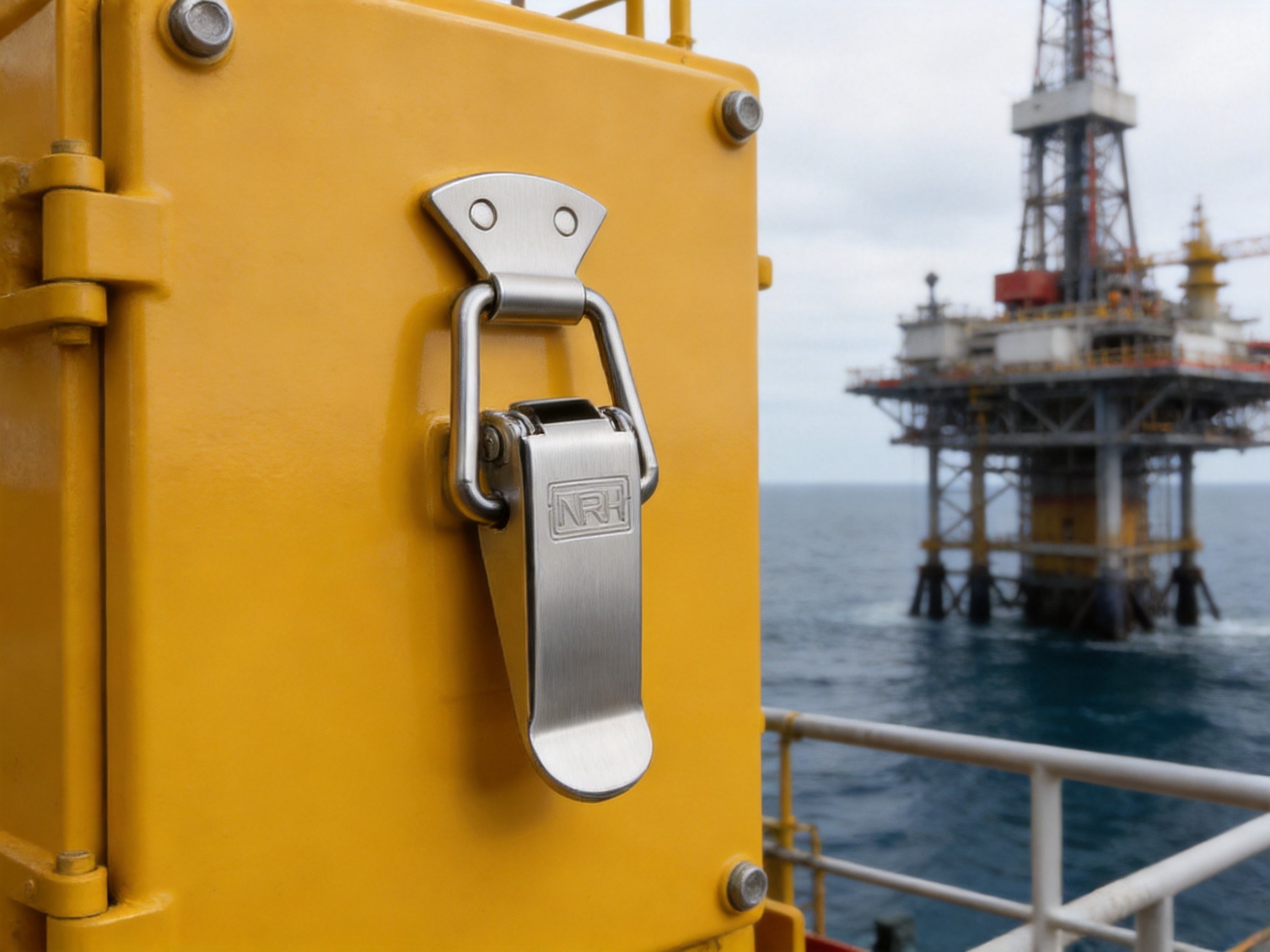 SUS316 stainless steel butterfly latches mounted on an explosion-proof instrument enclosure on an offshore oil rig