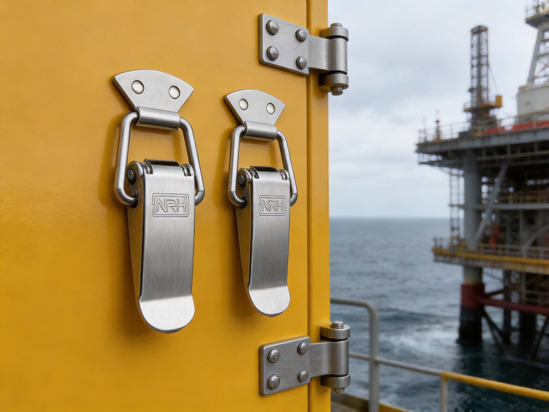 Stainless steel case hardware including latches and hinges on field instrument enclosures in an oil and gas industrial setting