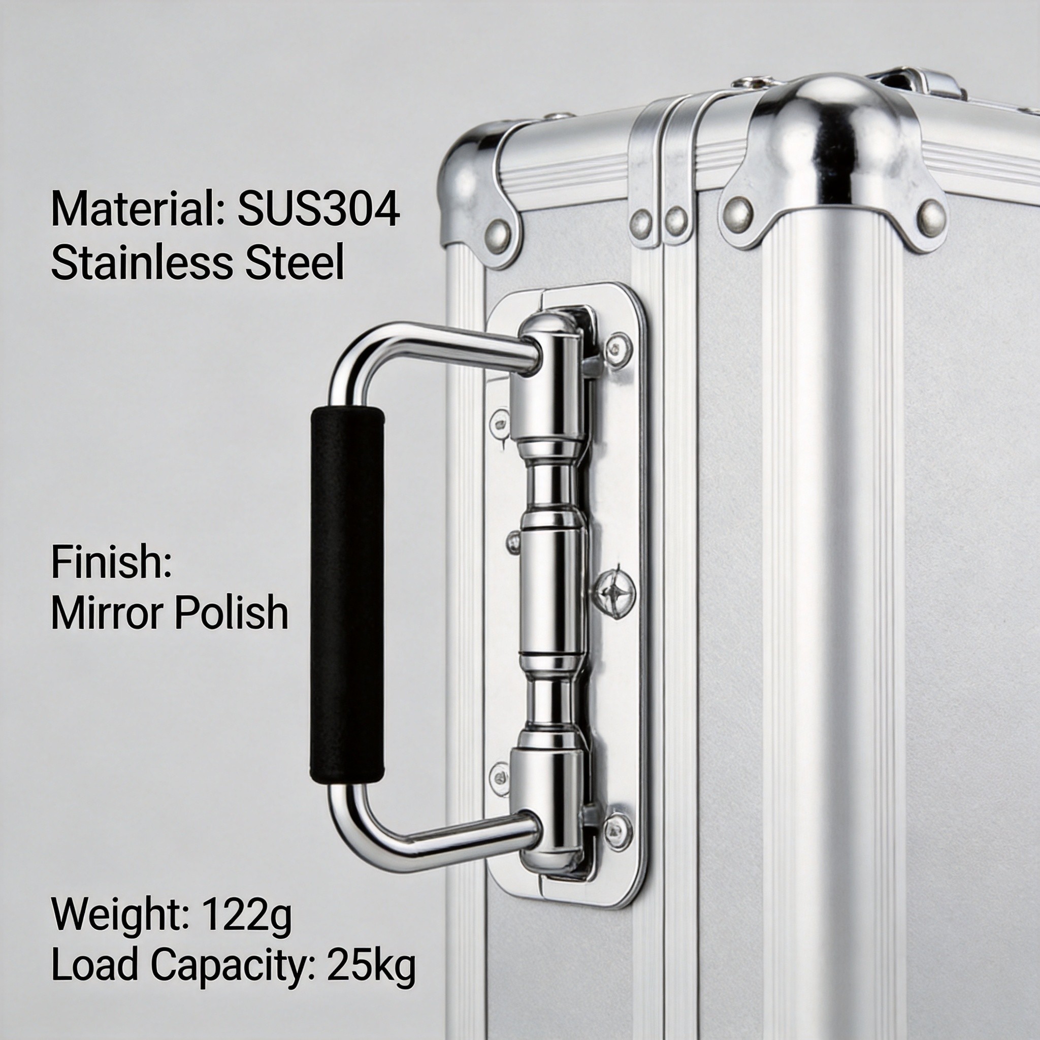 Fixed SUS304 stainless steel recessed handle on a silver transit case