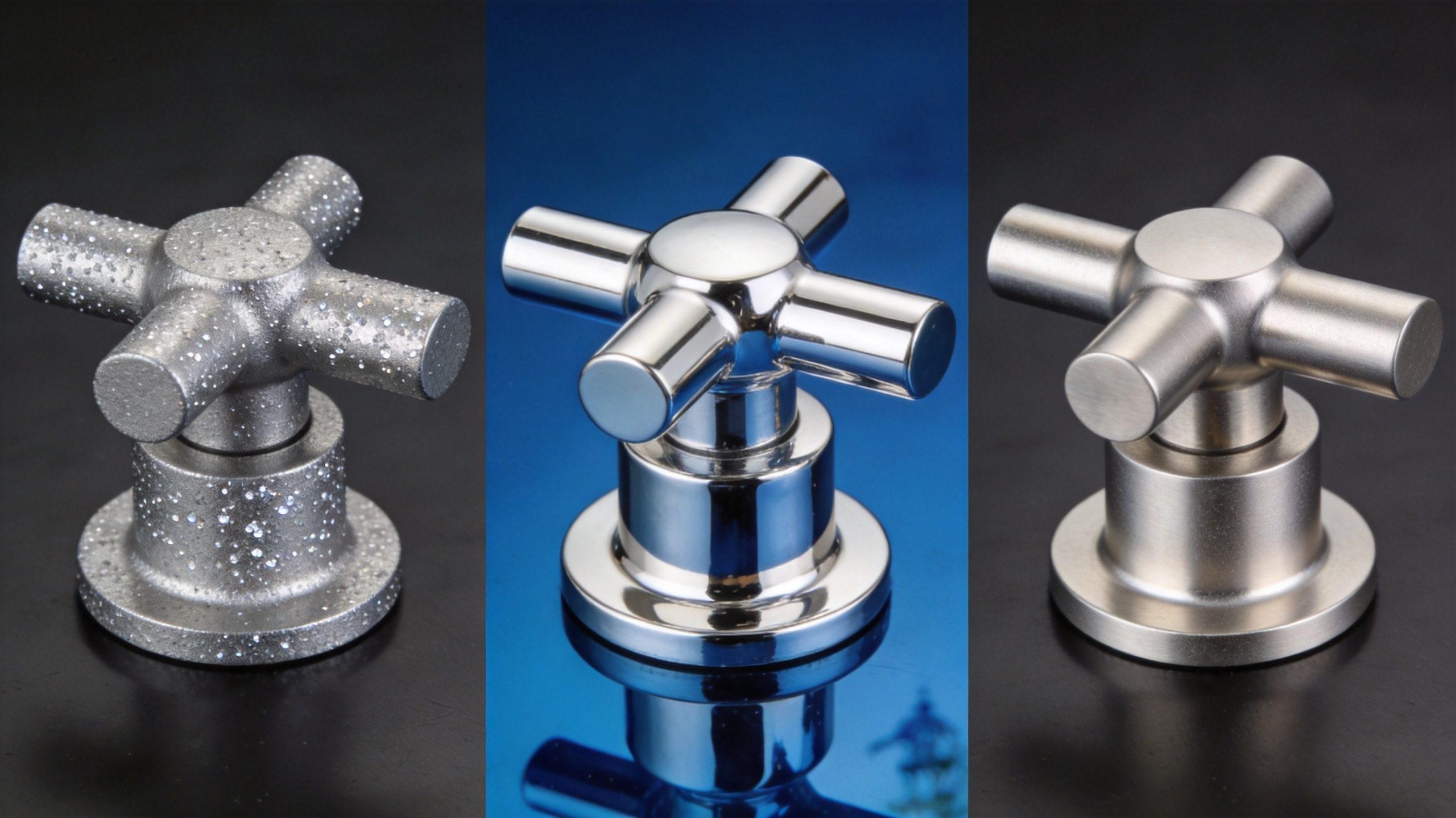 Surface finish comparison for case hardware showing zinc plated chrome plated and vibratory finished latches and handles