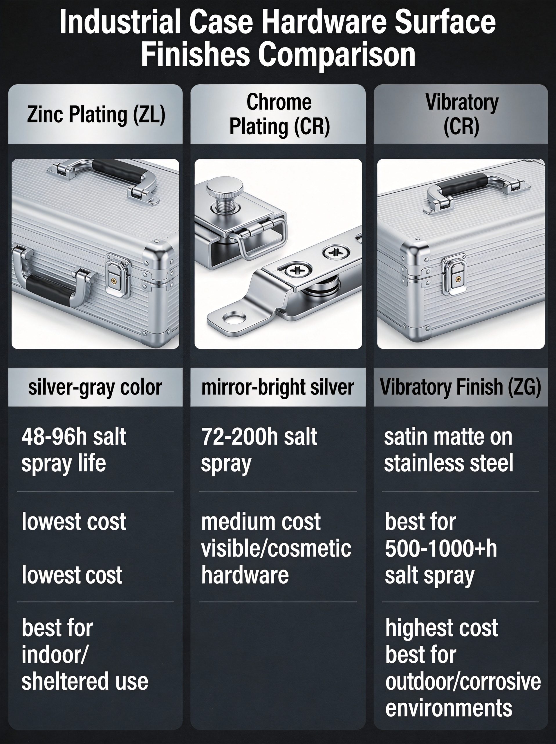 Comparison infographic of zinc plating vs chrome plating vs vibratory finishing for case hardware showing process salt spray hours and cost