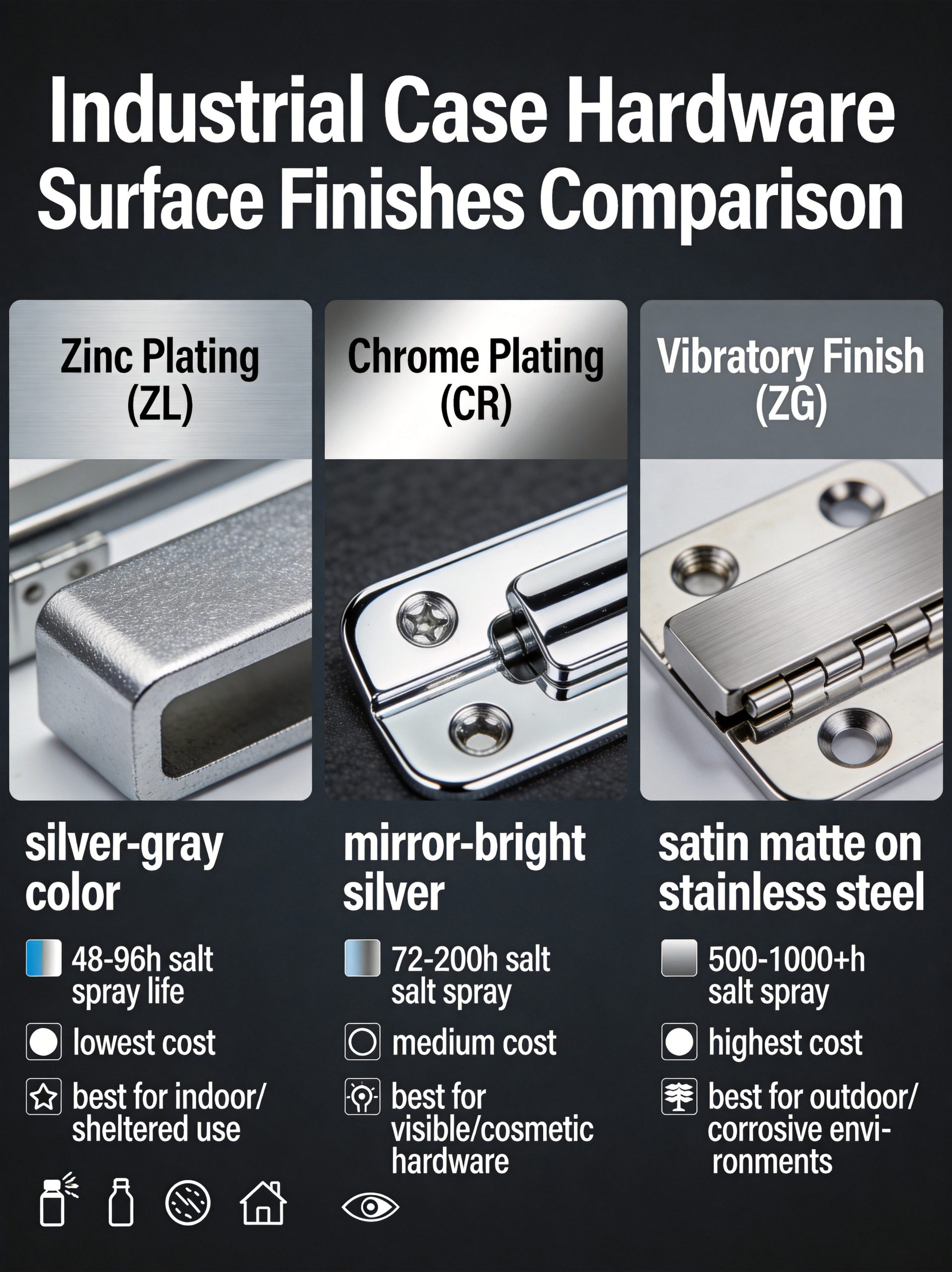 Salt spray test hours and cost comparison chart for zinc plating chrome plating and vibratory finishing on case hardware
